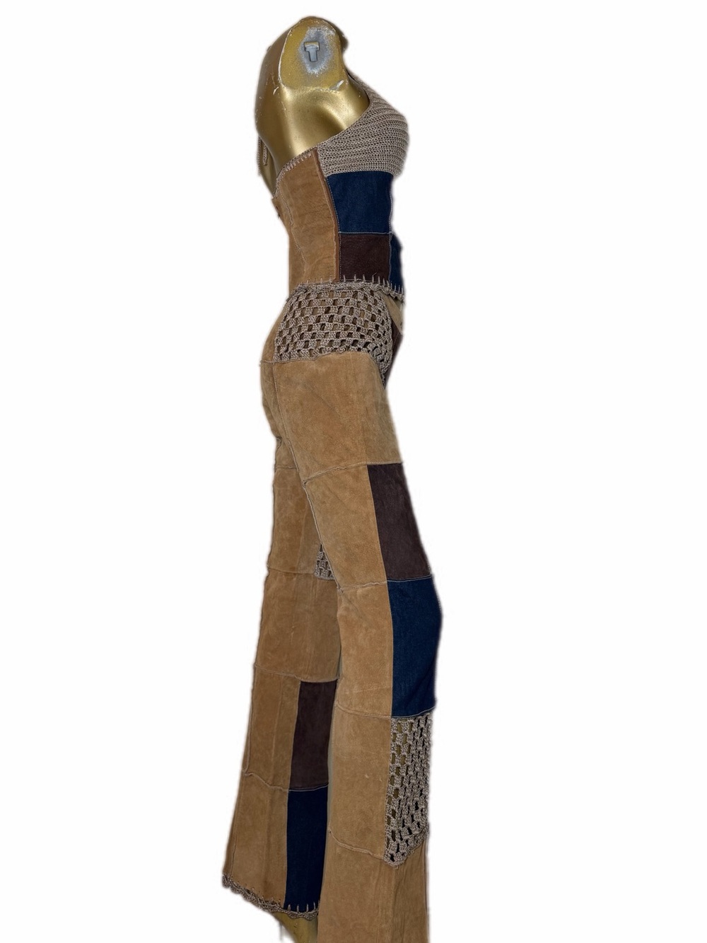 Y2K Wilson’s Leather Maxima Suede Denim Crochet Patchwork halter top & pant set - Picture 3 of 15